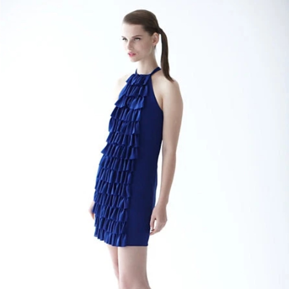 VA ET VIEN BHLDN Anthropologie Blue Silk RUFFLED RACERBACK DRESS Sz 2 NWOT